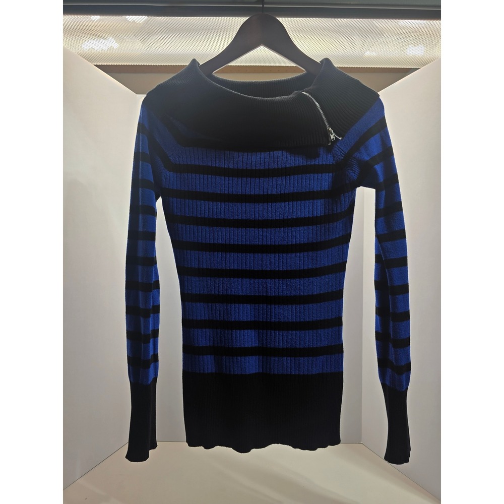 Bongo Women Blue Black Striped Ribbed Cowl Neck Zipper Sweater Large